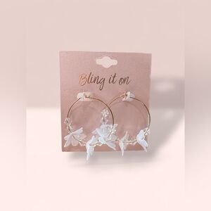 Gold and White Floral Hoop Earrings